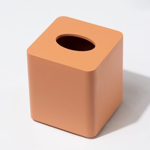 A professional product shot of a vibrant square orange lacquered tissue box cover with a smooth matte finish and oval top opening.