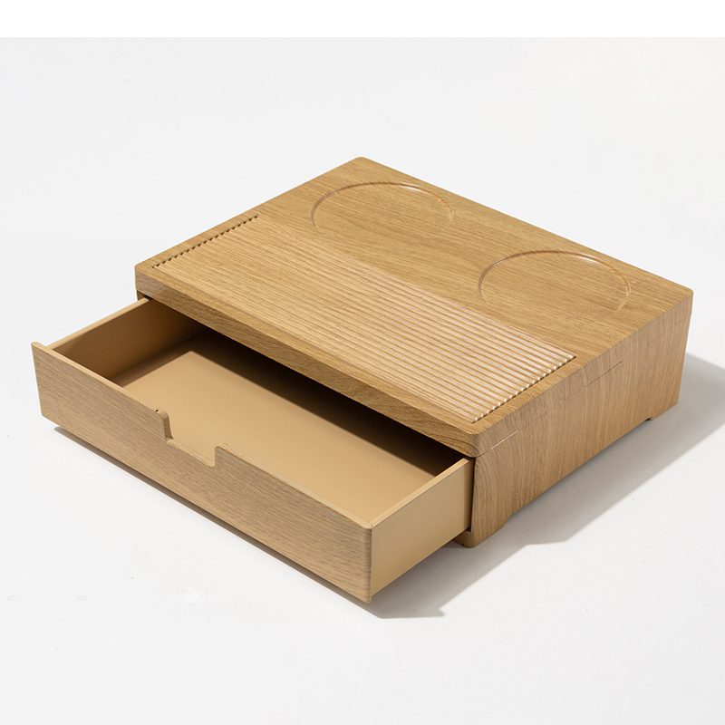 Custom Banyan Tree Luxury Hotel Tea & Coffee Station Organizer – Premium Natural Wood In-Room Beverage Tray with Storage Drawer and Grooved Cup Holders - Image 2