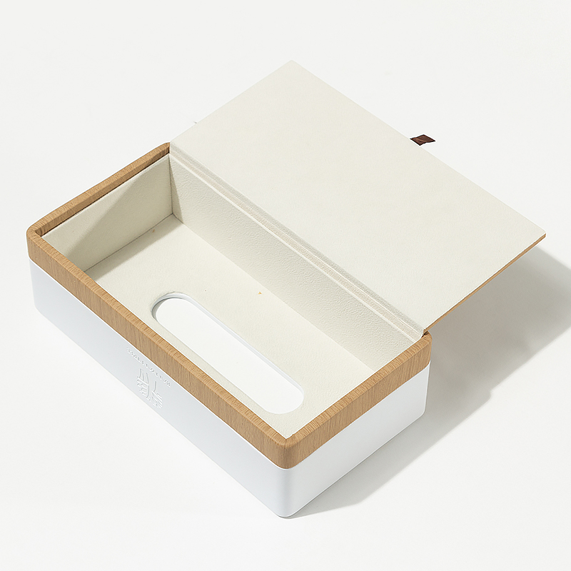 Custom Banyan Tree Luxury Hotel Tissue Box – Premium Two-Tone White Faux Leather and Natural Wood Square Tissue Holder with Embossed Brand Logo - Image 7