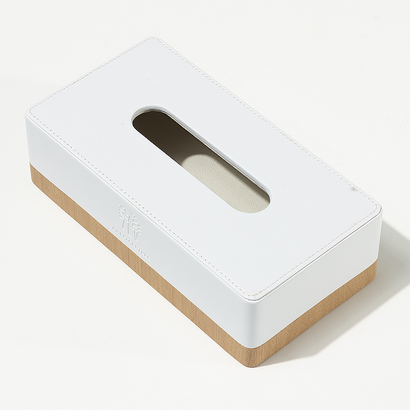 Custom Banyan Tree Luxury Hotel Tissue Box – Premium Two-Tone White Faux Leather and Natural Wood Square Tissue Holder with Embossed Brand Logo - Image 6