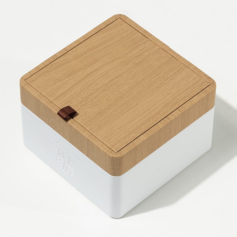 Custom Banyan Tree Luxury Hotel Tissue Box – Premium Two-Tone White Faux Leather and Natural Wood Square Tissue Holder with Embossed Brand Logo - Image 2