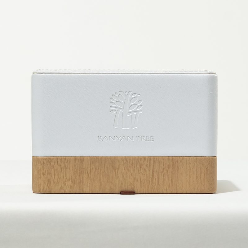 Custom Banyan Tree Luxury Hotel Tissue Box – Premium Two-Tone White Faux Leather and Natural Wood Square Tissue Holder with Embossed Brand Logo - Image 3