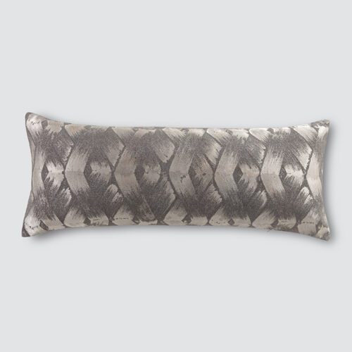 A high-resolution product shot of a Silver and Charcoal Abstract Woven Lumbar Pillow featuring a metallic interlocking brushstroke pattern.