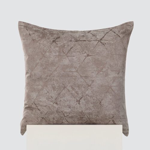 A high-resolution product shot of a Taupe Distressed Geometric Pillow featuring a muted earth-tone color and a faint linear starburst pattern.