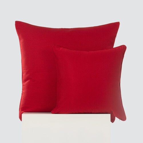 A high-resolution product shot of a Vibrant Crimson Textured Pillow Set featuring a large and standard square cushion in a bold red micro-weave fabric.