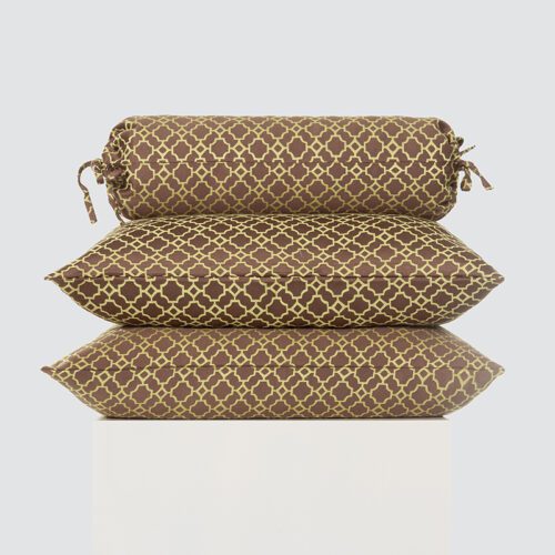 A high-resolution product shot of a Brown and Gold Quatrefoil Bolster and Pillow Set featuring one decorative neckroll and two rectangular cushions.