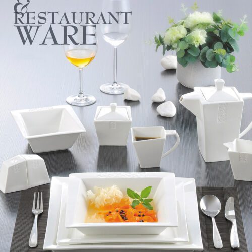 A modern white porcelain dinnerware set featuring square plates, tapered bowls, and a geometric teapot on a dark textured table.