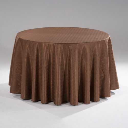 A large coffee brown round polyester tablecloth with an intricate grid jacquard pattern draped over a banquet table.