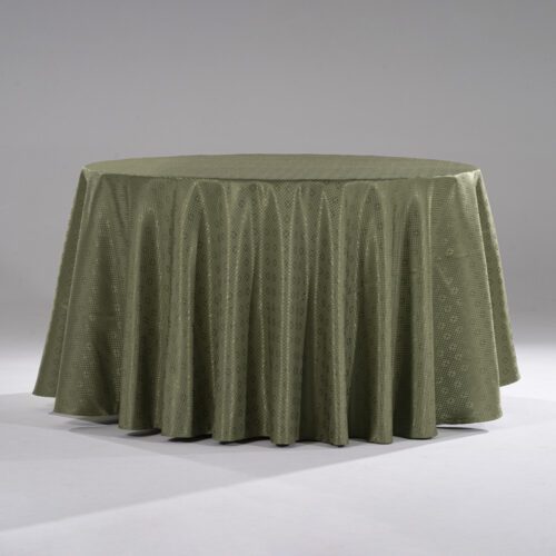 A large olive green round polyester tablecloth with an intricate grid jacquard pattern draped over a banquet table.