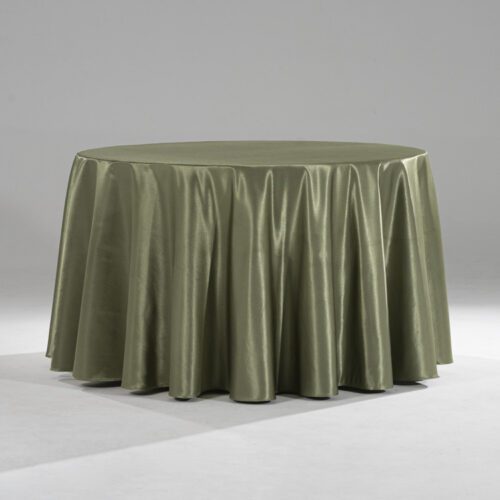 A large green round polyester tablecloth with a subtle raindrop jacquard pattern draped over a banquet table in a professional setting.