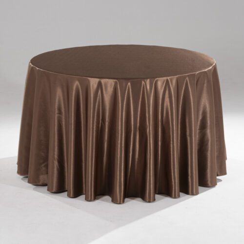 A large coffee brown round polyester tablecloth with a subtle raindrop jacquard pattern draped over a banquet table in a professional setting.