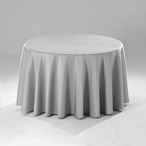 A large silver grey round polyester tablecloth with a subtle raindrop jacquard pattern draped over a banquet table in a professional setting.