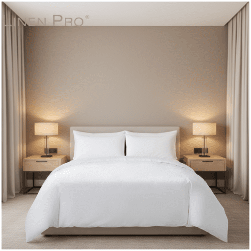 A minimalist hotel bed featuring crisp white linens, a plush white duvet, and two matching pillows in a brightly lit modern room.