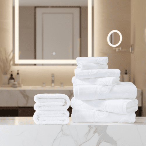 A neat stack of white luxury hotel towels featuring an embossed jacquard floral design on a marble bathroom counter.