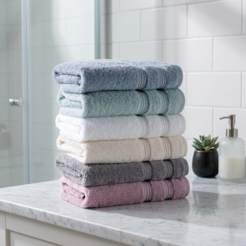 A stack of six premium hotel towels in blue, green, white, cream, grey, and pink on a marble bathroom vanity.
