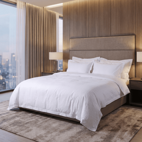 White stripe hotel bedding set with soft cotton duvet cover in modern luxury guest room