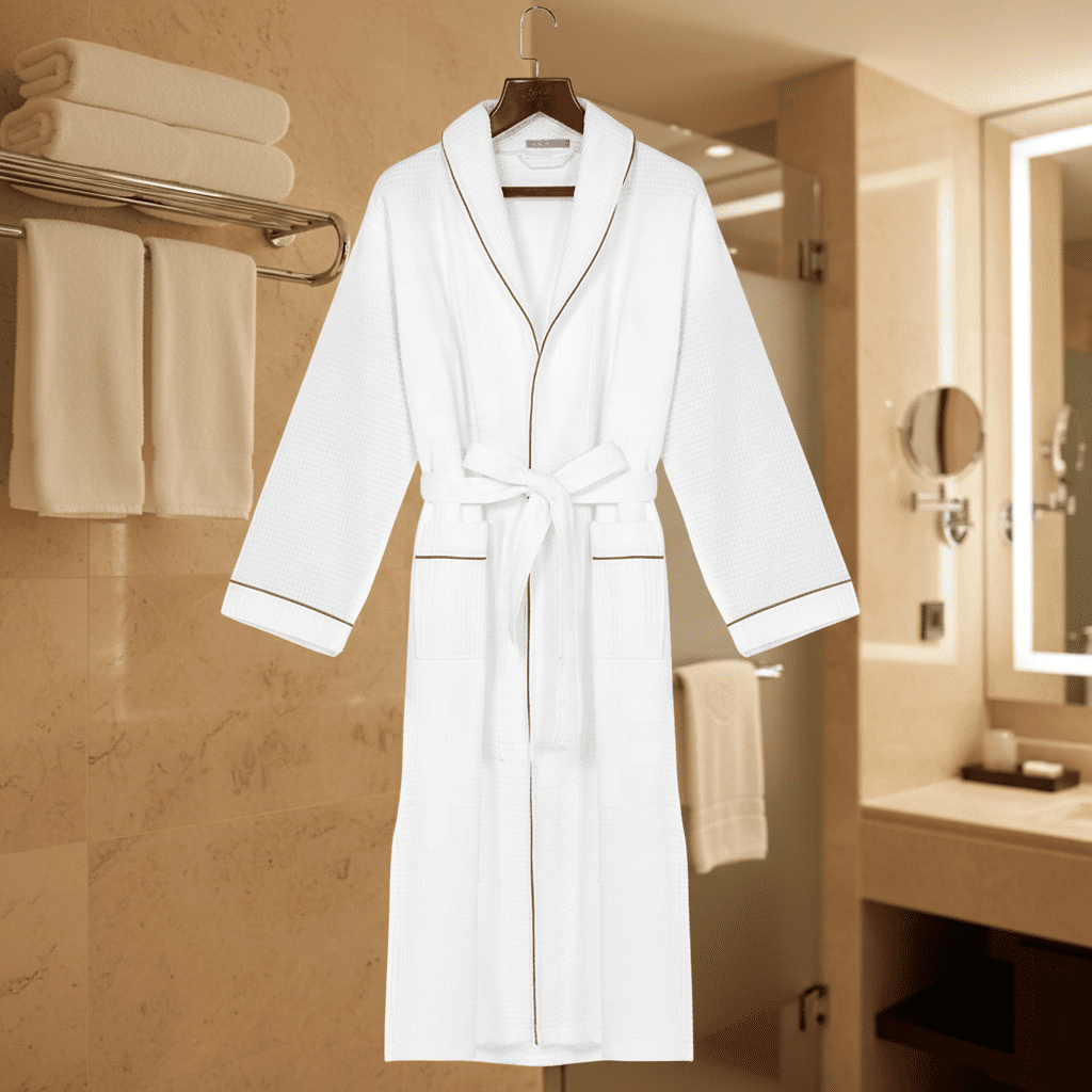 Luxury White Waffle Weave Hotel Bathrobe – Premium Cotton-Blend Spa Robe with Elegant Brown Piping and Adjustable Waist Tie for Upscale Hospitality - Image 2