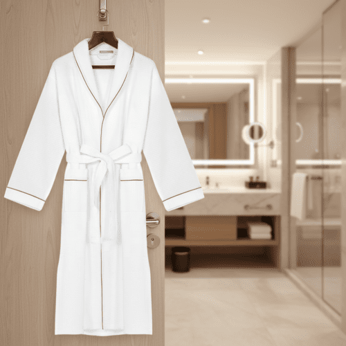 A white waffle weave hotel bathrobe with brown piping detail hanging on a wooden door in a luxury bathroom.