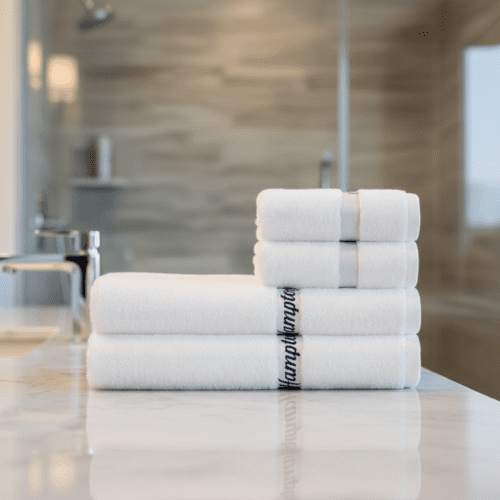 A stack of folded premium white hotel towels featuring the "Hampton" embroidered logo on a marble bathroom vanity.