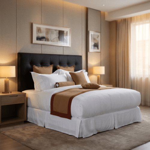A fully dressed executive hotel bed featuring crisp white linens, caramel brown accent pillows, and a coordinating modern bed runner.