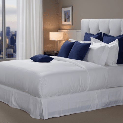 Modern hotel bed with crisp white duvet and five textured navy blue decorative pillows arranged neatly against a white tufted headboard.