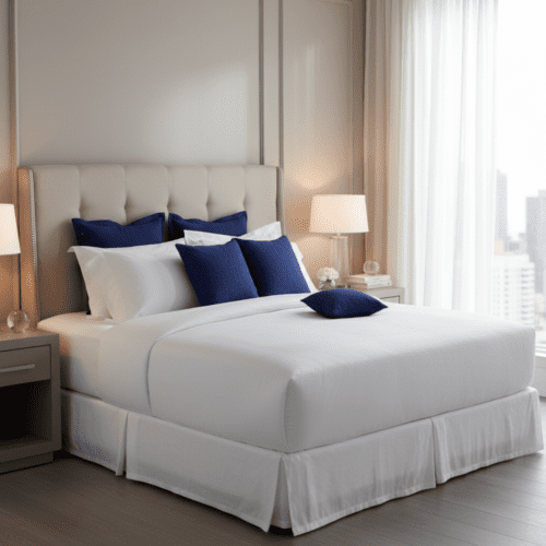 A fully dressed luxury hotel bed featuring crisp white linens, royal blue textured accent pillows, and a matching white tailored bed skirt.