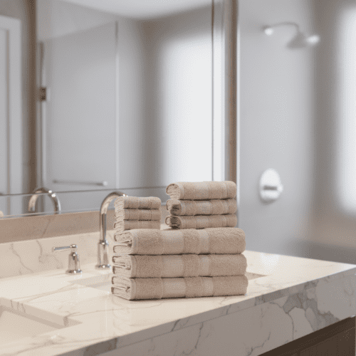 A stack of folded premium beige hotel towels arranged on a white marble bathroom vanity in a luxury suite.