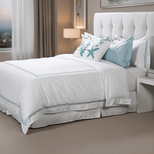 A fully dressed hotel bed featuring white linens with teal linear embroidery and decorative starfish pillows.