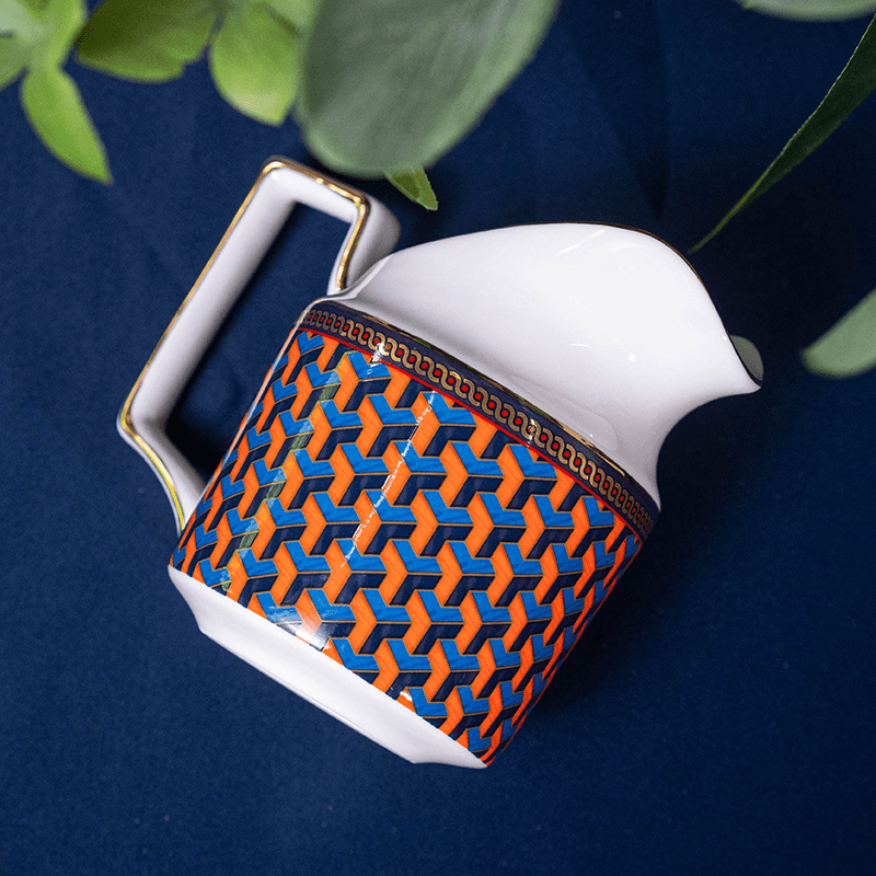 Luxury Orange Geometric Porcelain Milk Pitcher – Premium Fine Bone China Creamer with Gold Trim and Blue 3D Cube Pattern for Executive Hotel Dining - Image 3