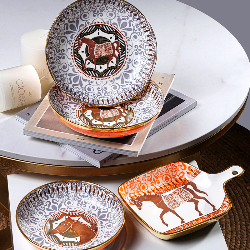 Galaxy Imperial Equestrian Orange Bone China Dinnerware Set – Premium Porcelain Plates, Soup Bowls, Spoons, and Chopsticks Collection - Image 25