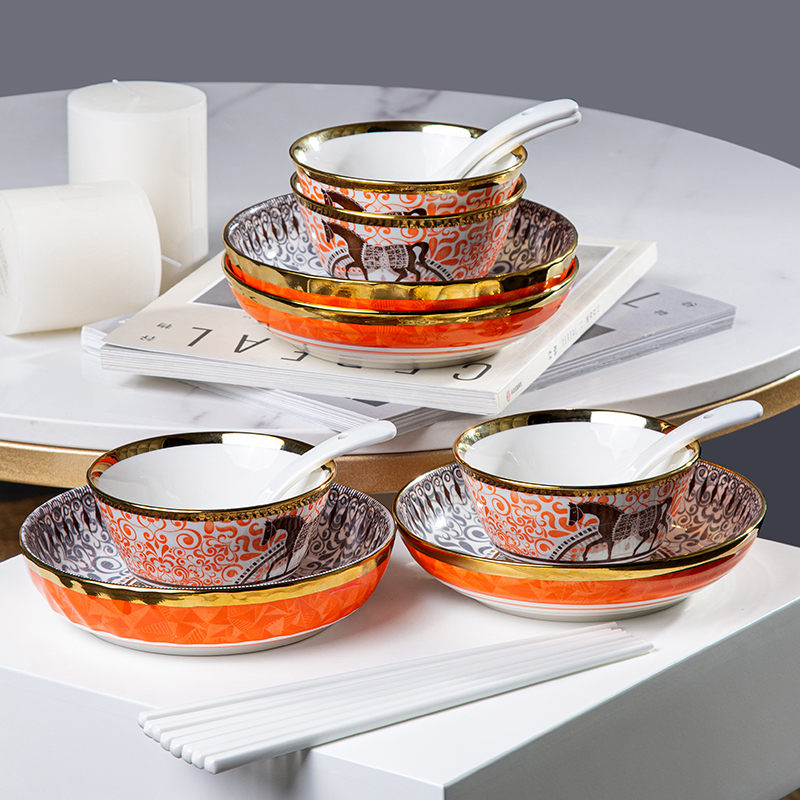 Galaxy Imperial Equestrian Orange Bone China Dinnerware Set – Premium Porcelain Plates, Soup Bowls, Spoons, and Chopsticks Collection - Image 7