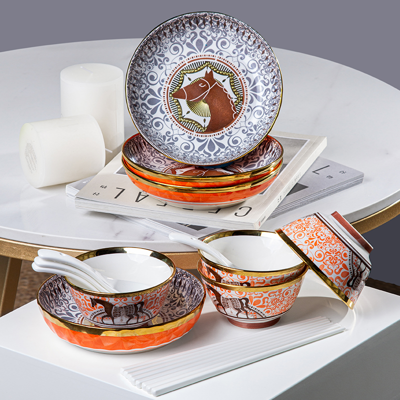 Galaxy Imperial Equestrian Orange Bone China Dinnerware Set – Premium Porcelain Plates, Soup Bowls, Spoons, and Chopsticks Collection - Image 6