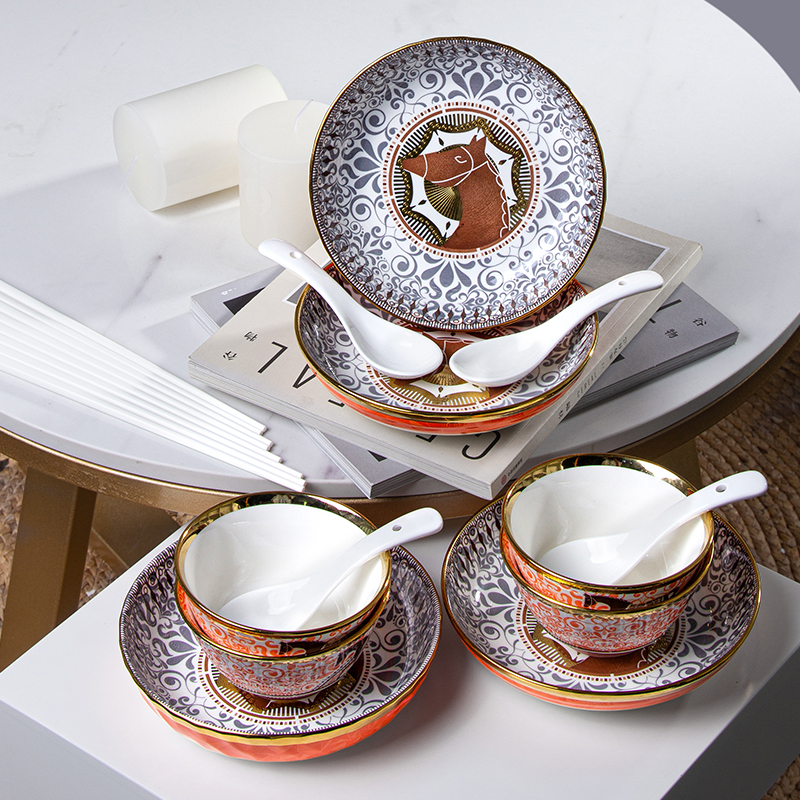 Galaxy Imperial Equestrian Orange Bone China Dinnerware Set – Premium Porcelain Plates, Soup Bowls, Spoons, and Chopsticks Collection - Image 4