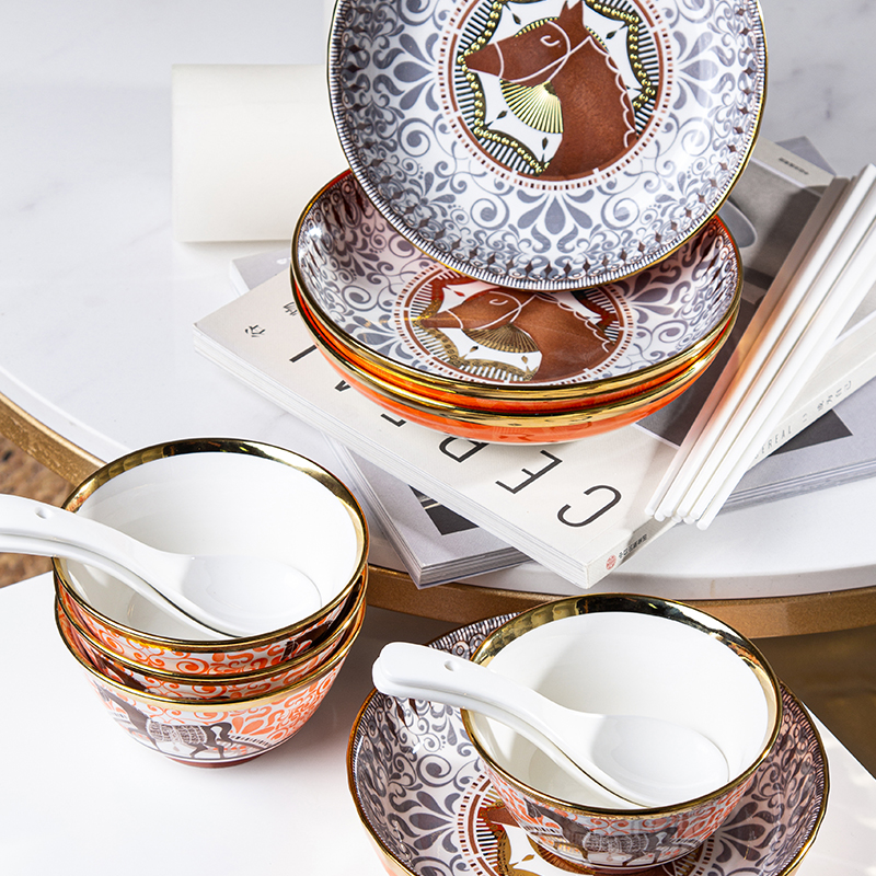 Galaxy Imperial Equestrian Orange Bone China Dinnerware Set – Premium Porcelain Plates, Soup Bowls, Spoons, and Chopsticks Collection - Image 3