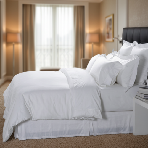 A plush white hotel bed with multiple layers of pillows and a matching white bed skirt against a dark tufted headboard.