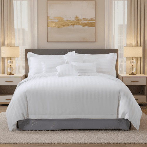 A luxury hotel bed featuring white satin-striped linens, multiple layered pillows, and a grey bed skirt in a modern executive suite.