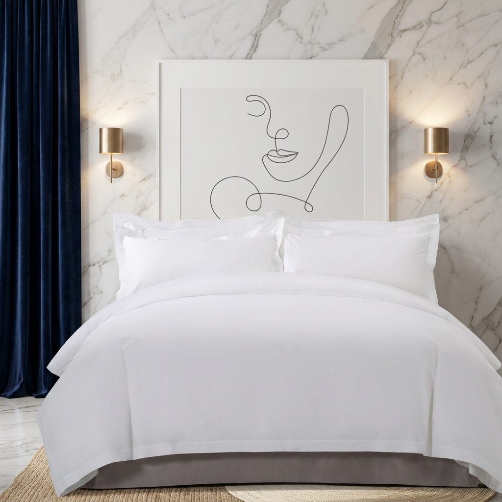 Luxury white hotel duvet cover and pillow sham set styled on a king bed against a marble wall with gold sconce lighting and navy blue curtains in a modern boutique bedroom