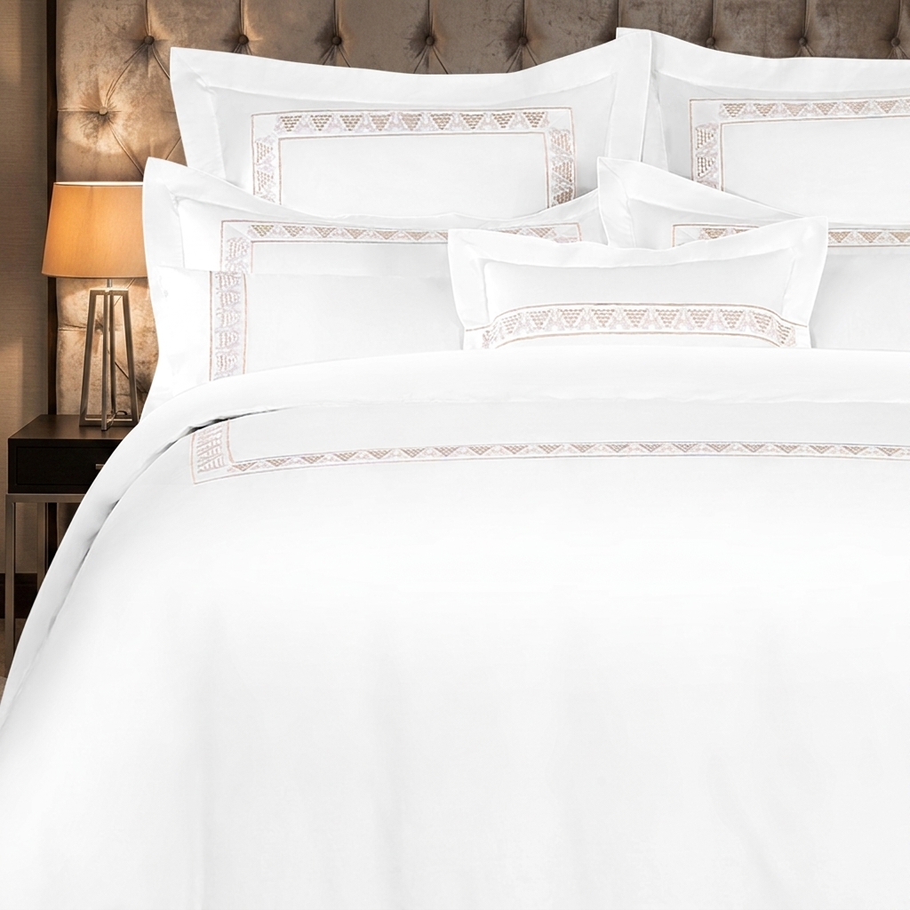 Greek Key Embroidery Hotel Bedding Collection – Luxury White Cotton Duvet Set with Champagne Gold Geometric Borders for High-End Executive Suites - Image 2