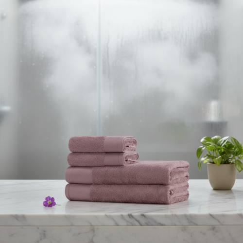 A stack of plush mauve hotel towels with a smooth border on a white marble vanity next to a potted green plant.