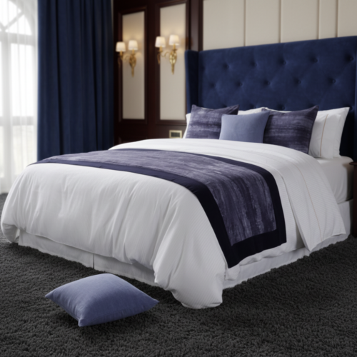 A luxury hotel bed with white linens, a navy textured bed runner, and navy patterned pillows against a royal blue tufted headboard.