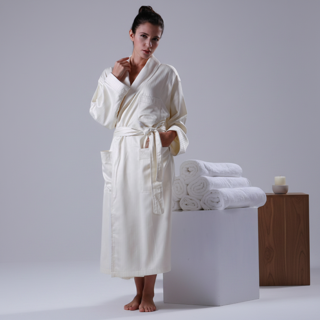 A female guest wearing a plush cream white hotel velour bathrobe next to a stack of rolled white bath towels.