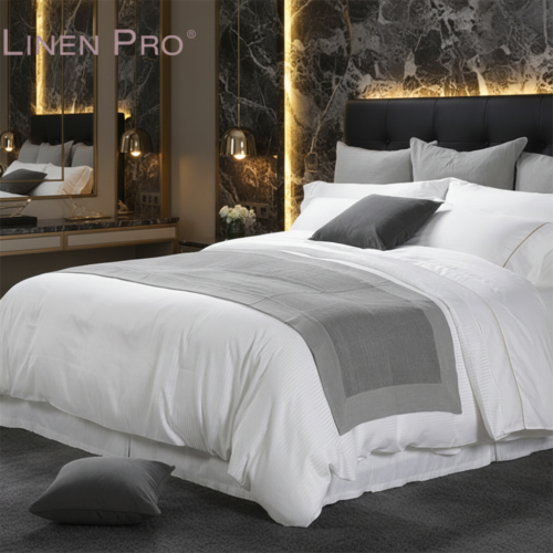 A luxury hotel bed featuring white micro-striped linens, a wide slate grey bed runner, and matching grey pillows against a black marble wall.