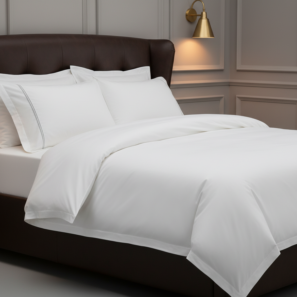 A modern white hotel bed featuring a single slate grey bourdon stitch embroidery border on the pillows and duvet against a deep brown leather headboard.