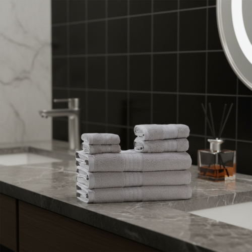 A neat stack of light grey hotel towels featuring a ribbed dobby border on a grey marble counter next to a glass reed diffuser.