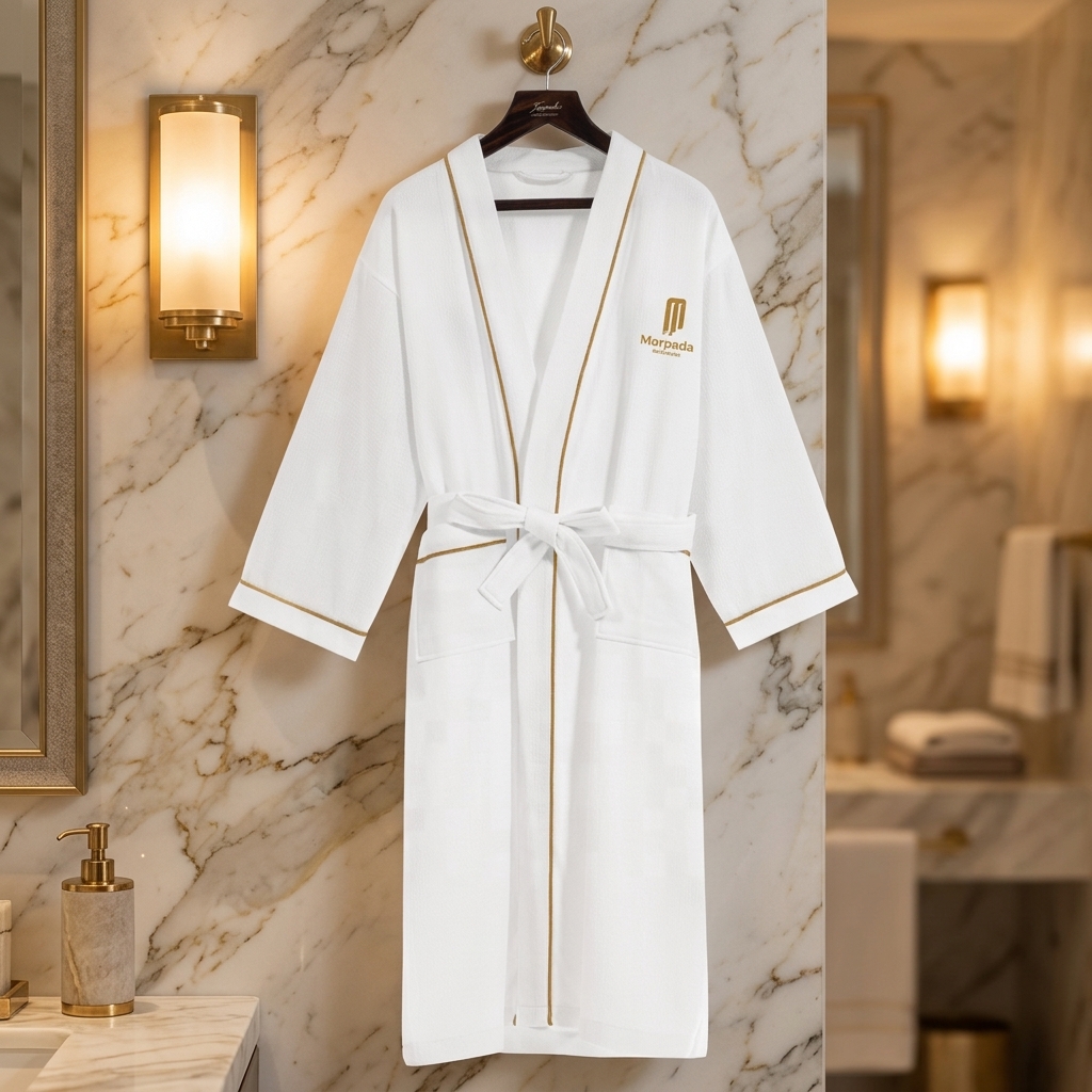 Aurelia Gold Trimmed Luxury Hotel Bathrobe – Premium White Waffle Weave Spa Robe with Embroidered Crest and Champagne Gold Piping - Image 2