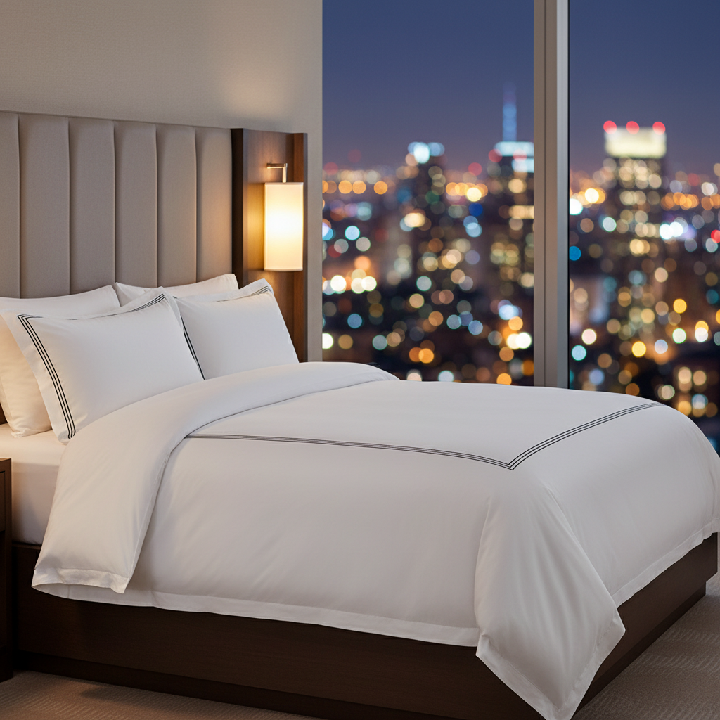 A luxury hotel bed featuring white linens with charcoal grey triple-stripe embroidery against a city skyline backdrop at night.
