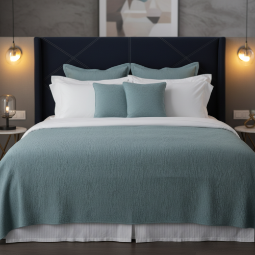 A luxury white hotel bed layered with a textured teal quilt blanket and matching teal accent pillows against a modern dark blue wingback headboard.