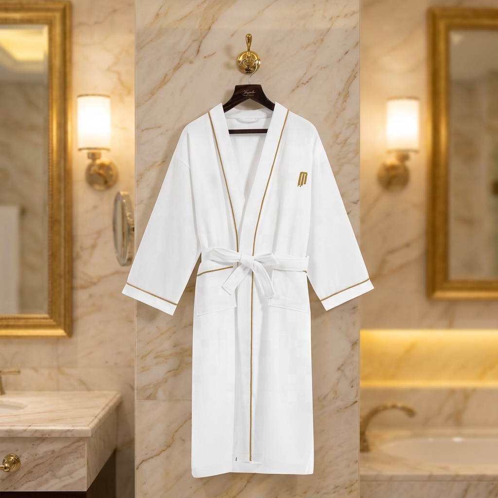 A white waffle weave hotel bathrobe with gold piping and an embroidered gold logo hanging in a luxury marble bathroom.