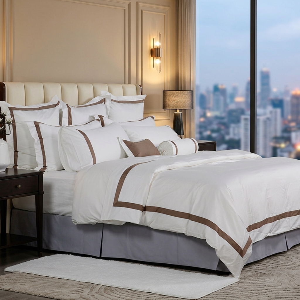 A luxury hotel bed with white linens featuring bronze-brown border embroidery and a view of a city skyline at dusk.