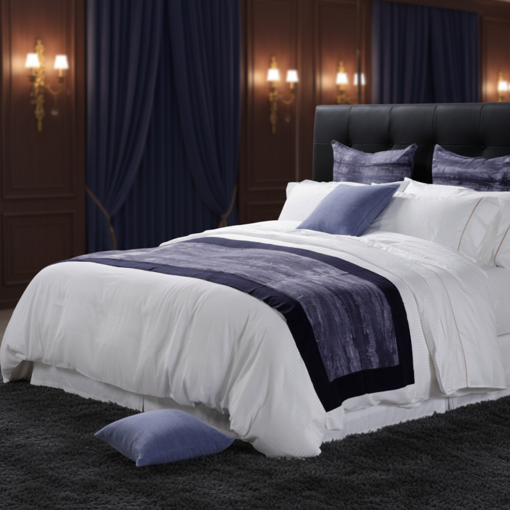 Midnight Sapphire Hotel Bedding Ensemble – Luxury White Sateen Duvet Set with Textured Navy Bed Runner and Royal Blue Velvet Tufted Accents - Image 2